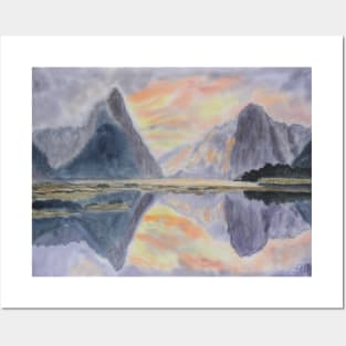 Sunset in Milford Sound, New Zealand Posters and Art